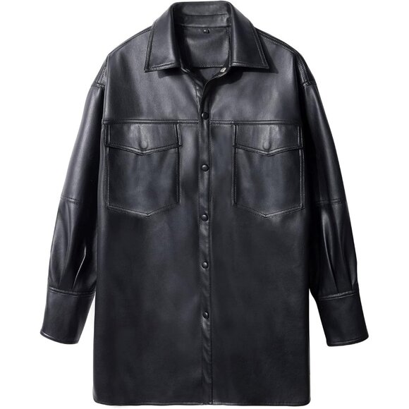 🆕 Women Black Faux Leather Jacket Loose Fit Spring Fall Casual Lapel Shirts - Picture 2 of 7